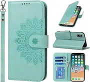 Cavor Wallet Case for iPhone X, iPhone Xs 5.8'' PU Leather Case Magnetic 3D Embossed Flower Women Flip Kickstand with Card Holder Wristlet Hand Strap Protective Cover-Flower Light Green