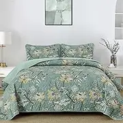 Wongs Bedding Green Floral Quilt Set King Size, Botanical King Bedspread Bedding Sets Soft Lightweight Microfiber Flower Coverlet Set 3 Pieces for All Season (104"x90")
