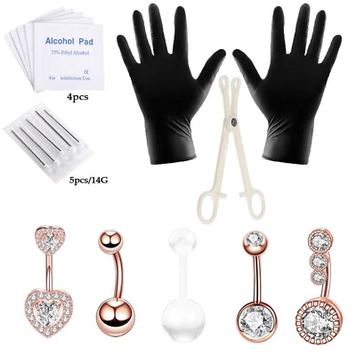 17PCS Body Piercing Tool Kit Steel CZ Gem Belly Button Navel Ring Retainer 14G