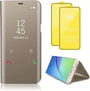 [TiHen] Compatible for Case Samsung Galaxy A14 Mirror Case, 360 Degrees Protective Slim Fit Electroplate Standing Case PC Flip Cover + Tempered Glass Film with Kickstand-Gold
