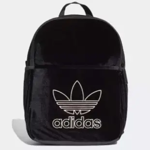 【adidas 愛迪達】後背包 Mini Classic Backpack 愛迪達 天鵝絨 三葉草圖案 休閒 旅遊 黑 白(DH2959)