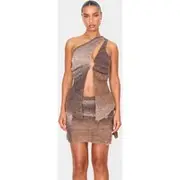 Mocha Stripe Textured Knit O Ring Asymmetric Cut Out Top, Mocha