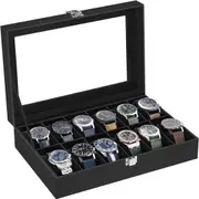 12-Slot Watch Box with Glass Lid and Velvet Lining for Men