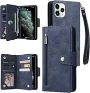 YocoverTech for iPhone 11 Pro Max Case,for iPhone 11 Pro Max Wallet Case[6 Card Slots and 1 Zipper Coin Pocket] PU Leather Stand Flip Cover with Wrist Strap for iPhone 11 Pro Max[6.5 inch]-Blue