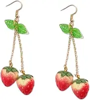 [liveliwithmin] 3D Red Strawberry Dangle Earrings Long Tassel Green Leaf Strawberry Drop Earrings Resin Starwberry Fruit Earrings Women Girls Fashion Fruit Ear Jewelry
