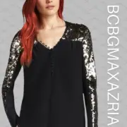 NWT BCBG Maxazria XXS black sequin chiffon mix 1/2 way button Long Sleeves top.