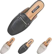 [BUNEX] Mules for Women Flats Spring Summer Square Toe Leather Slip On Backless Comfortable Low Heel Slipper Shoes