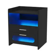 Advwin Bedside Table Wireless Charging Station LED Lights 2 Drawers Storage Black