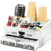 Nicunom Coffee Station Organizer for Countertop, Coffee Bar Accessories Organizer Rustic Wood K Cup Espresso Pod Holder, Coffee and Tea Condiment Storage Caddy for Cups, Coffee Pods, Sugar, Syrup