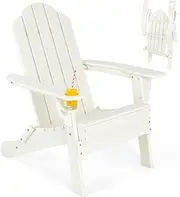 Costway Outdoor Folding Adirondack Chair, Weather Resistant Plastic Lounger with Cup Holder, All-Weather Chair for Fire Pit, Patio and Backyard (White)