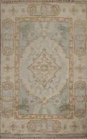 Muted Ivory/ Light Blue Handmade Oushak Turkish 2x3 Small Rug Wool Foyer Carpet