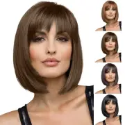 Women Black Short Bob Wigs Straight Natural Hair With Fringe for Daily Party UK