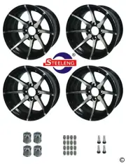 GOLF CART 14"x7" 'KRAKEN' MACHINED/BLACK ALUMINUM OFFSET WHEELS/RIMS (SET OF 4)