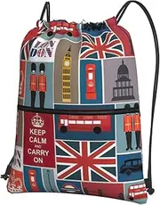 England Symbols Print Drawstring Backpack Gym Bags Sports Bags With Zipper Pocket For Travel Beach, Black, One Size
