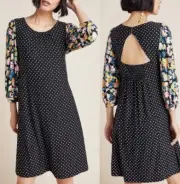 NWT $130 Anthropologie Maeve Polka Dot Floral Sawyer Balloon Sleeve Dress LP