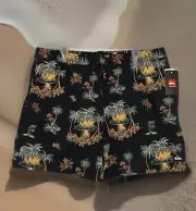 Quicksilver Men's Boardshorts XL Stretch Black Lined Tropical Swim Surf Palm NEW