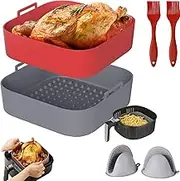 2 Pack Air Fryer Silicone Liner Square Air Fryer Silicone Baking Tray for 4 to 8 QT ，Reusable Heat Resistant Easy Cleaning Air Fryer Accessories ， with 2 Brushes and 2 Heat Resistant Gloves