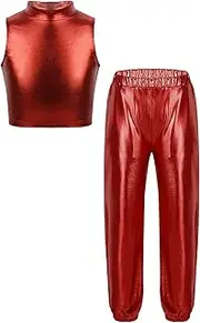 [Loodgao] Kids Girls 2pcs Shiny Metallic Crop Tank Tops And Pants Sets for Hip Hop Jazz Dance Costumes