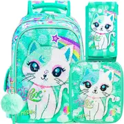 16 Inch Cat Sequin Backpack Set For Girls Water Resistant Lunch Box