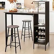 Giantex 3PCS Bar Table and Chair Set, Industrial Pub Table and Stools with Wine Glass Holders & 6-Bottle Wine Racks, Counter Height Dining Table Set for Living Room Dining Room Kitchen, Brown