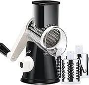 Manual Cheese Grater Vegetable Slicer with Handle, Speed Round Mandoline Potato Shredder with 3 Interchangeable Blades, Easy and Safe Nut Grinder Suitable for Carrot, Garlic, Hashbrown (Black)