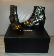 NWB Women Chanel Printed Patent Calfskin Leathe Short Boots Size 36.5 Black/Gold
