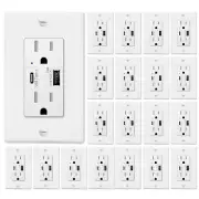 USB Wall Outlet Receptacle 5.8A TypeC TR UL w/Wall Plate for iPhone Samsung 20PK