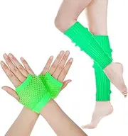 [Xthrotsenk] 2 Pairs Neon Knitted Leg Warmers and Fishnet Gloves 80s Neon Stretchy Mesh Gloves for Women Girls Sports Yoga Fancy Dress Costume Party (Green), Green, Small