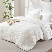 CozyLux Full/Queen Bed in a Bag White Seersucker Comforter Sets with Comforter and Sheets 7 Pieces All Season Bedding Sets with Comforter, Pillow Sham, Flat Sheet, Fitted Sheet and Pillowcase