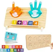Montessori Learning Toys for Toddlers 2-4, Educational Math Double-Sided Finger Counting & Number Tracing Board, Colorful Number Blocks, Solid Pine Wood Educational Math Toy for Kids Boys Girls