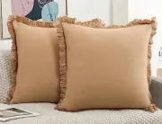 Set of 2 Natural Linen Fringed Throw Pillow 18" x 18" (Pack of 2) Khaki