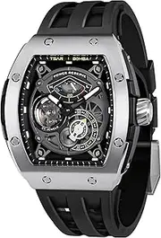 [TSAR BOMBA] Watch for Men, Automatic Mechanical Skeleton Analog Watch, 50M Waterproof Mens Watches, Fluororubber Watch Bands Easy-to-Remove, Energy Storage Indicator, Gifts for Men