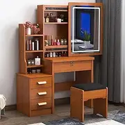 Dressing Table，Desk with LED Lights, Dressing Table with Mirror, Dressing Table with 4 Drawers and Shelves, Dressing Table for Bedroom, Bathroom, 3 Color Modes and Adjustable, Brown