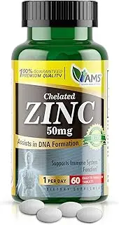AMERICA MEDIC & SCIENCE (AMS) Zinc Supplement (60 Count) Ideal Dietary Supplement in Chelated Form for Immune Support, Assists in DNA Formation, 50mg