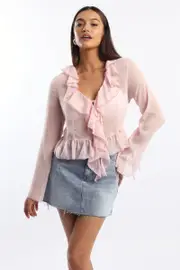 Pink Tie Up Top Long Sleeve V Neck Frilled Romantic - Size 16XL, Women's Shirt