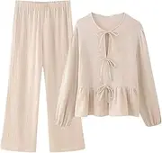 [Zadaos] Women Solid Pants Sets Two Piece Sets Sweet Puff Sleeve Tops Bow Casual Elastic Waist Pants 2 Piece Sets