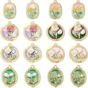 [UR URLIFEHALL] 16 pcs 8 Styles Baroque Rose Charms Imitation Pearl Flower Charm Enamel Flat Round Oval Floral Charms for Jewelry Making Bulk