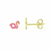 1/4" Enamel Flamingo Stud Earrings Real 14K Yellow Gold 0.9gr