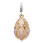 Sterling Silver Amore La Vita Rhodium-Plated And Gold-Plated Polished 3-D Crystal From Swarovski Enameled Pink Egg With Cross Charm Fancy Lobster Clasp