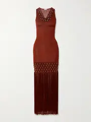 [RABANNE] RABANNE - Fringed Embellished Crocheted Cotton Maxi Dress - Red - x large x large Red