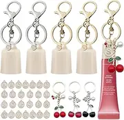 [Frstem] 4 Pack Lip Gloss Holder Keychain with Cherry Charms Portable Lip Balm Keychain Initial Letter Keychain Cap Compatible with Summer Fridays 0.5 oz LANGIGE 0.35 oz Lip Balm