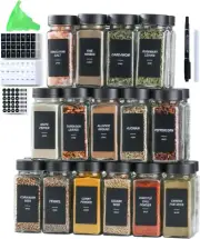 Black Glass Spice Jars 4oz with Labels - Set of 24 for Rack & Drawer Storage