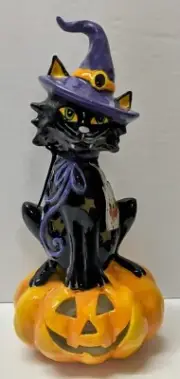 Black Cat Vampire Fangs Pumpkin Tea Light Candle Holder Blue Sky Clayworks New