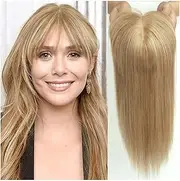 4"x5.5" Real Human Hair Toppers Wigs with Bangs Silk Base Clip Pieces Straight Topper Hairs for Women Hair Extension(10 inch,Honey Blonde)