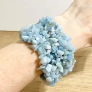 Aquamarine Gemstone Chip Bracelet Blue Beaded Wide Cuff Statement Boho Elastic