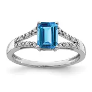 Solid 14k White Gold Simulated Emerald Simulated-cut Blue Topaz and CZ Ring