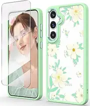 [DagoRoo] for Samsung Galaxy S24 Plus/S24 + 5G Case with Tempered Glass Screen Protector, Military Grade Protective Slim Soft TPU & Hard PC, Girls Women Crystal Clear Flower Pattern Cases-Matcha Green