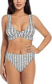 [JEJEA] Black and White Pattern Print Women Swimsuit, Women'S High-Waisted Bikini Set, Two-Piece Sport Bathing Suits, Black, L