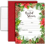 Christmas Bridal Shower Invitations with Envelopes – Rustic Poinsettia, Pinecone and Holly, 8 Pack 5x7 Double Sided Fill-In Invite Cards with Eight White Envelopes Perfect for Holiday Bridal Shower