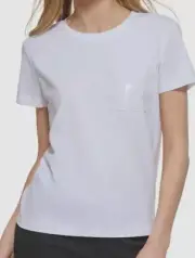 DKNY Women's White Sequin Pocket Cotton Logo Crewneck T-Shirt Top Size XL